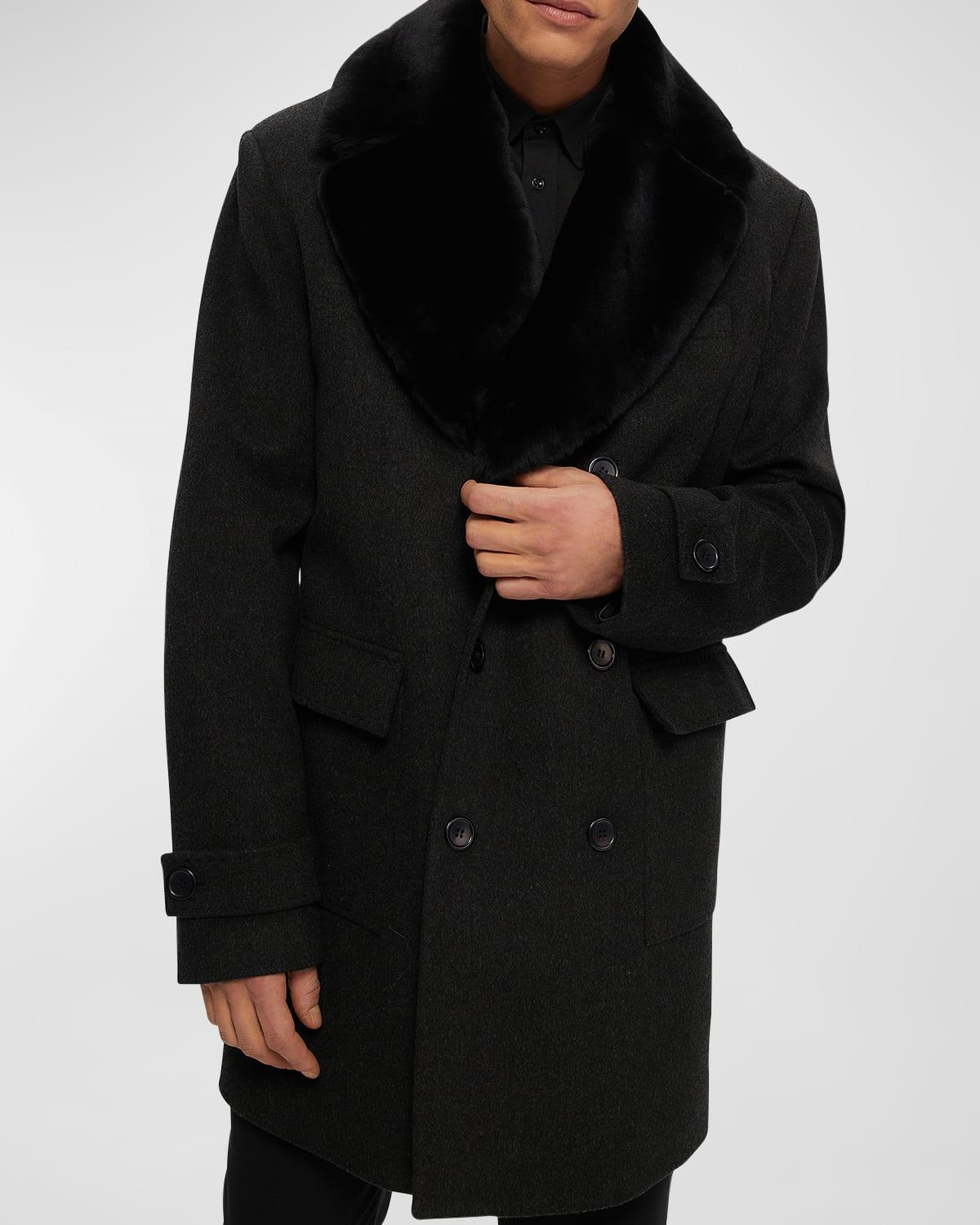 Mens Brushed Wool Short Coat With Detachable Shearling Lamb Collar Product Image