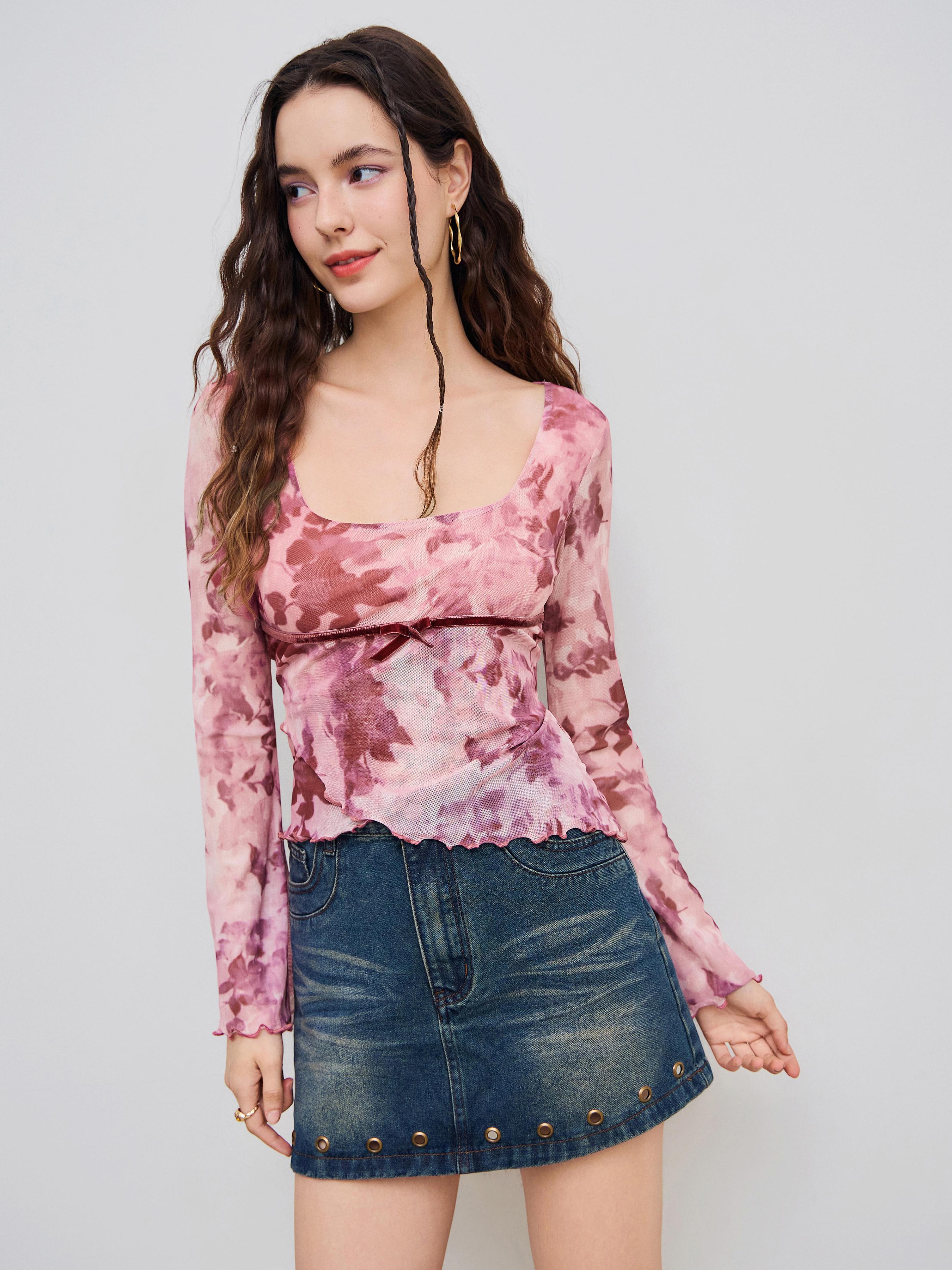 Mesh Square Neck Floral Wrap Long Sleeve Tee Product Image