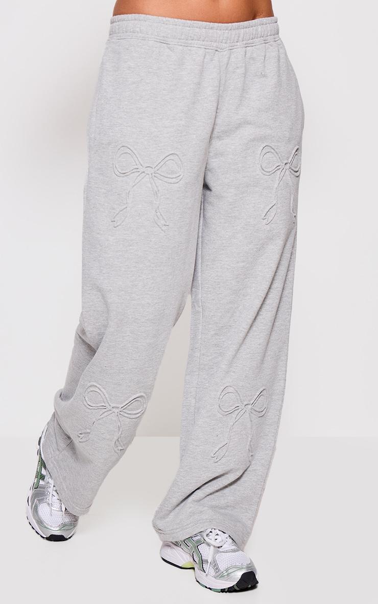 Petite Grey Marl Embossed Bow Detail Wide Leg Sweatpants Product Image