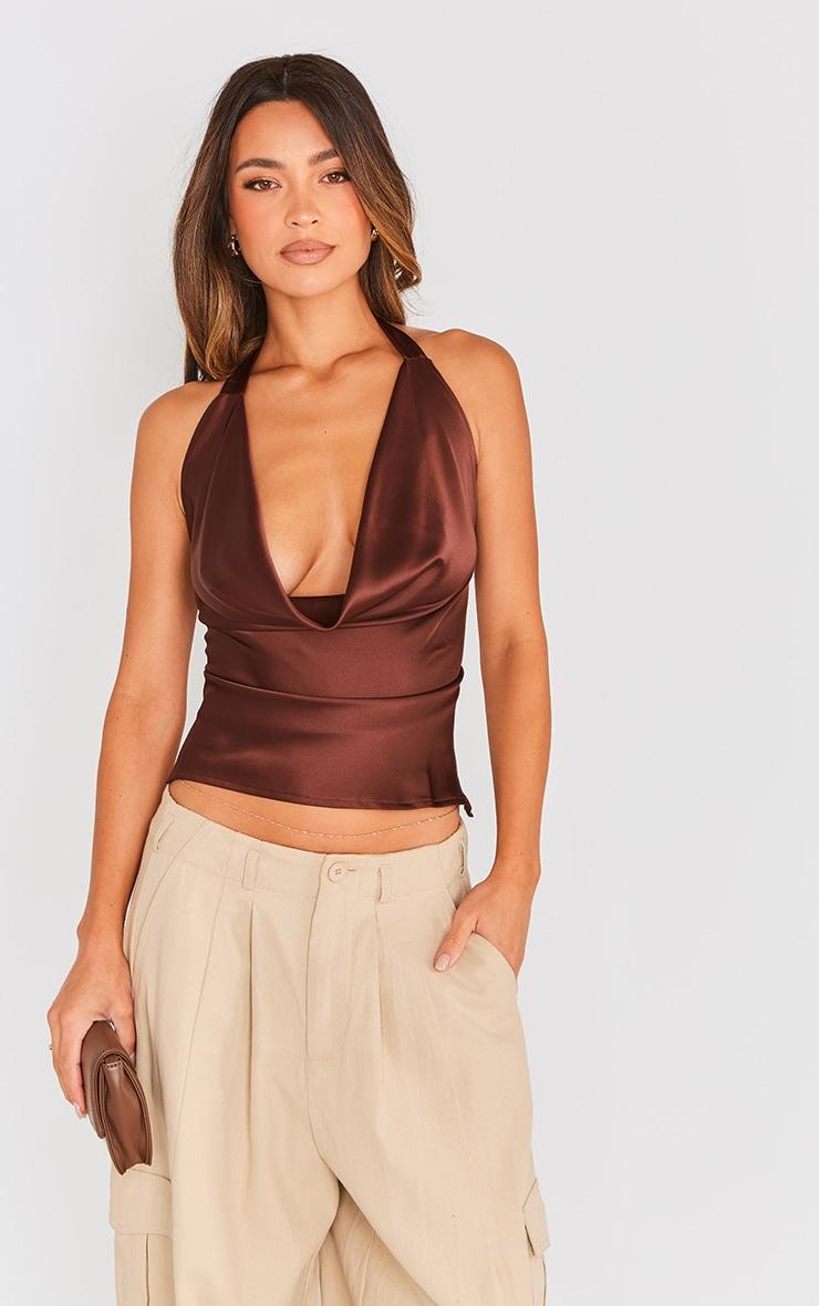  Chocolate Satin Cowl Backless Long Top product image