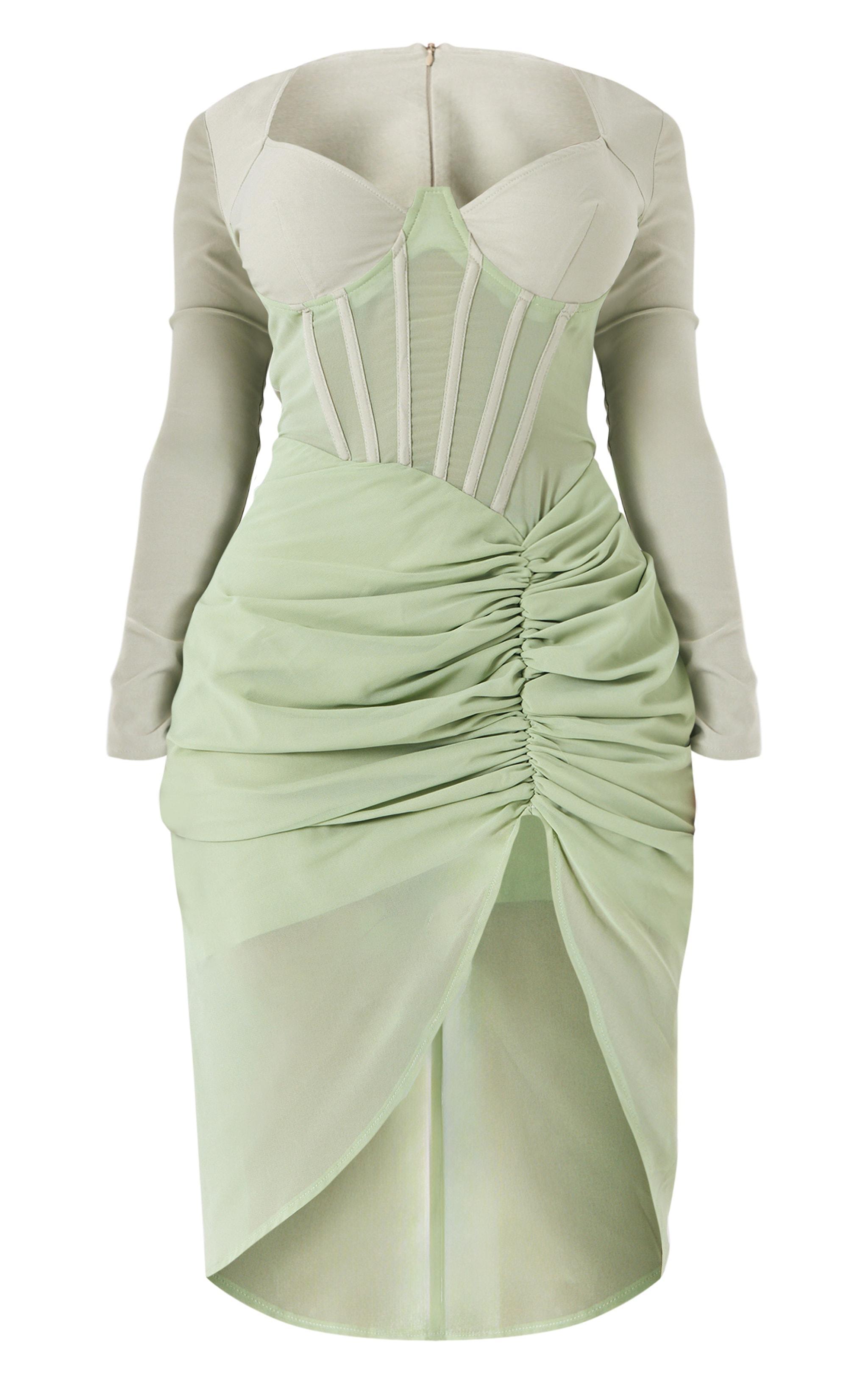 Shape Sage Green Corset Long Sleeve Ruched Midi Dress Product Image