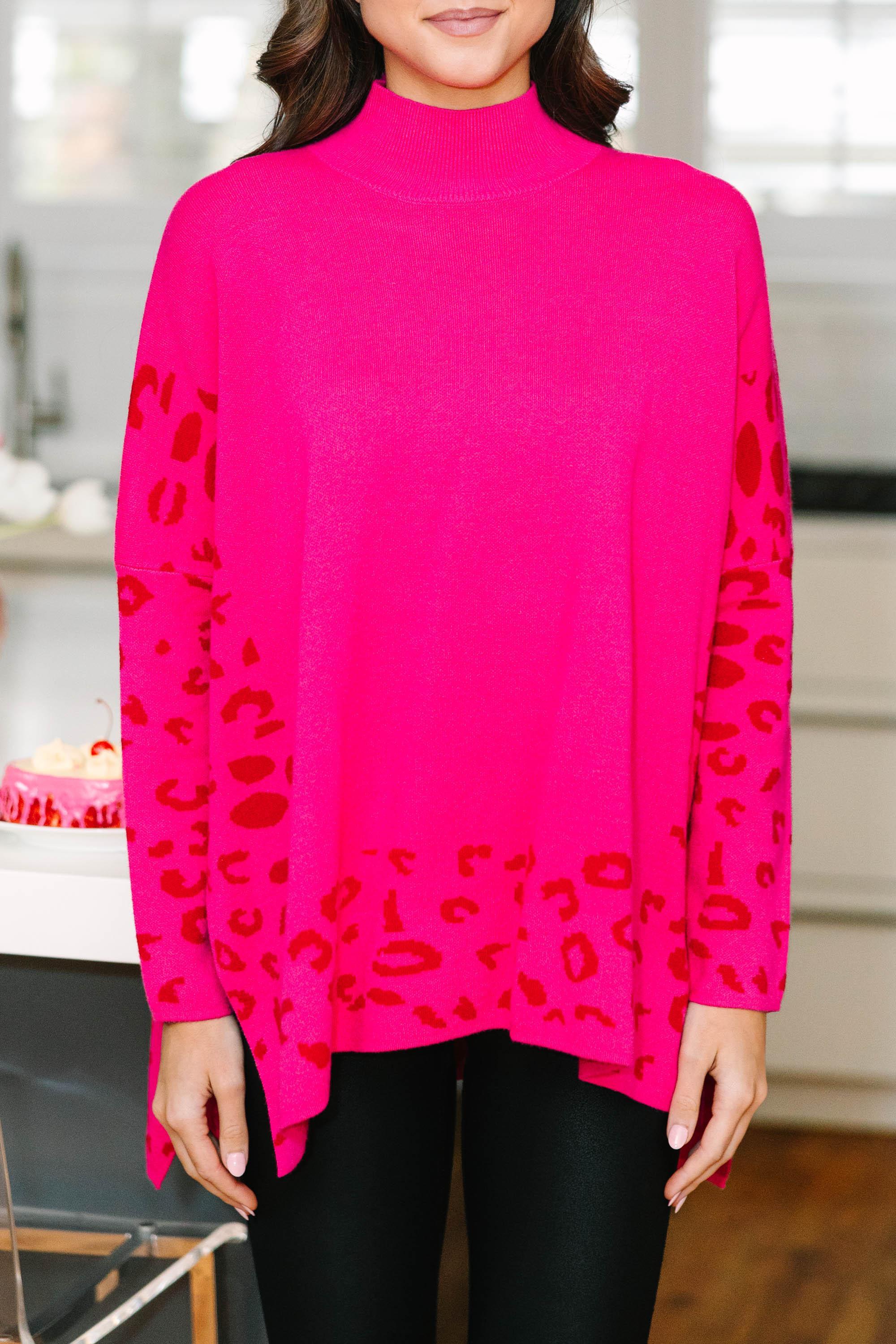 All In Theory Fuchsia Pink Leopard Sweater Tunic Female Product Image