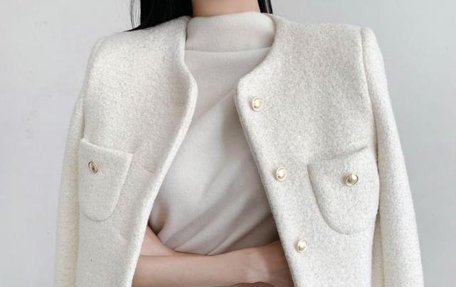 Long Sleeve Round Neck Tweed Cropped Jacket Product Image