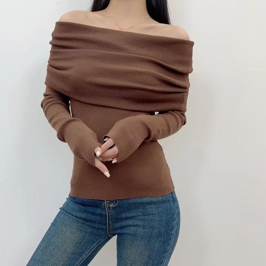 Long-Sleeve Off Shoulder Plain Knit Top Product Image