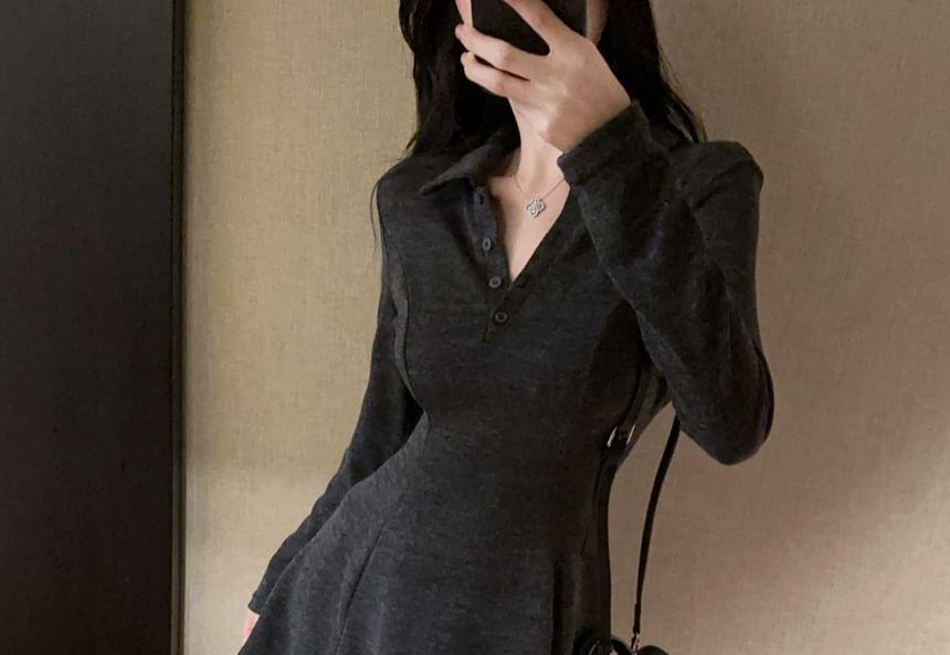 Long-Sleeve Collar Henley Mini A-Line Dress Product Image