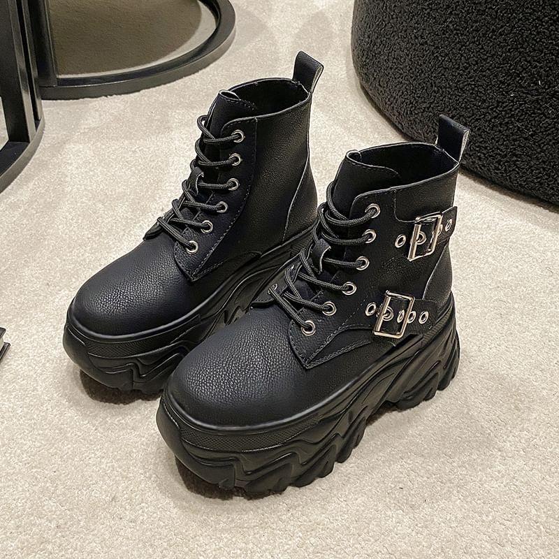 Platform High Top Buckled Lace-Up Sneakers Product Image