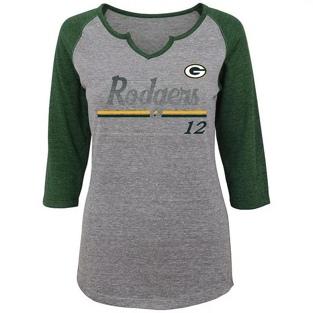 Womens Juniors Aaron Rodgers Heathered Gray/Green Green Bay Packers Over the Line Player Name & Number Tri-Blend 3/4-Sleeve V-Notch T-Shirt Product Image