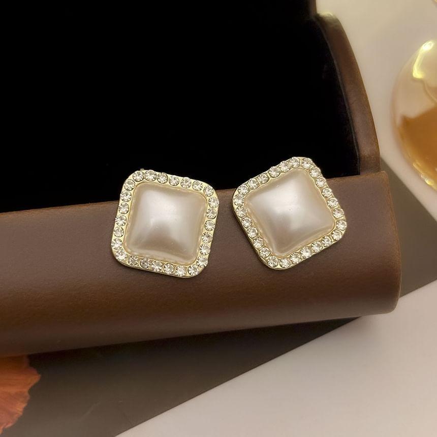 Square Faux Pearl Rhinestone Alloy Stud Earring Product Image