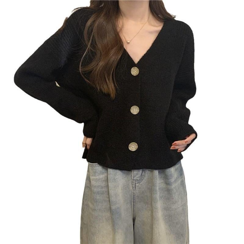 V-Neck Plain Button Cardigan Product Image