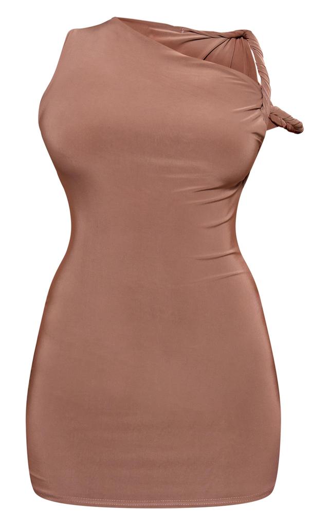 Petite Taupe Slinky Twist Shoulder Bodycon Dress Product Image