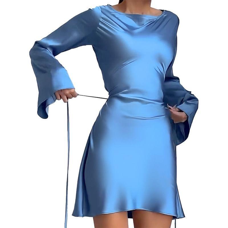 Long Sleeve Round Neck Plain Satin Mini A-Line Dress Product Image