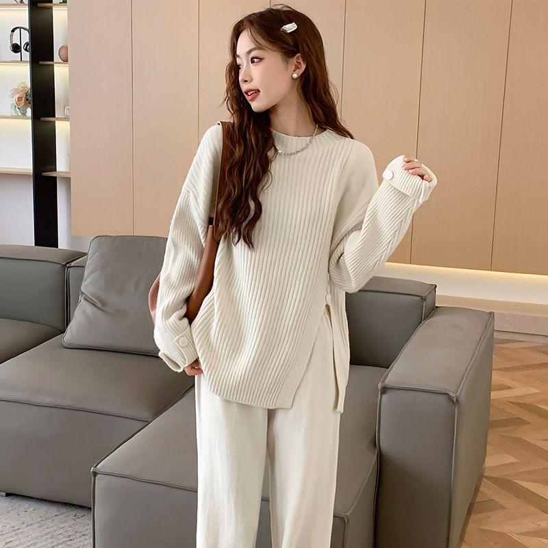 Maternity Set: Round Neck Plain Ribbed Side-Slit Sweater + Mid Rise Wide Leg Pants Product Image