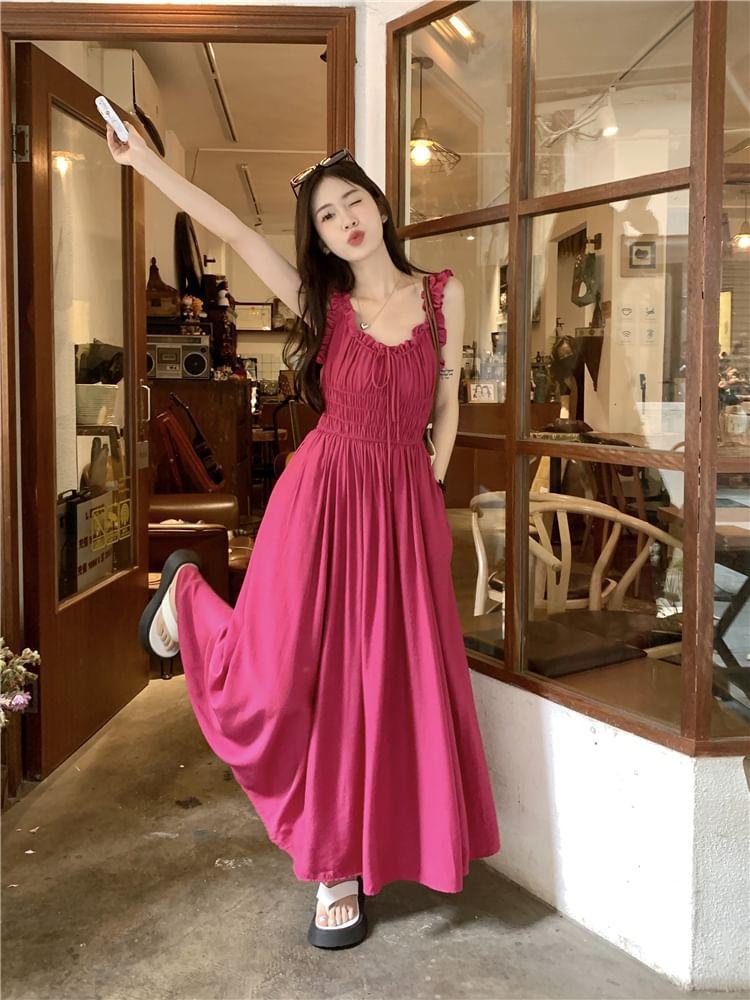 Ruffle Neckline Sleeveless Solid Maxi Dress Product Image