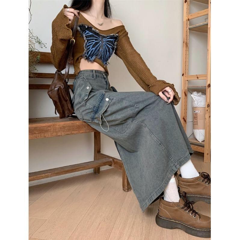 High Waist Washed Pocket Detail Back-Slit Denim Maxi A-Line Skirt Product Image