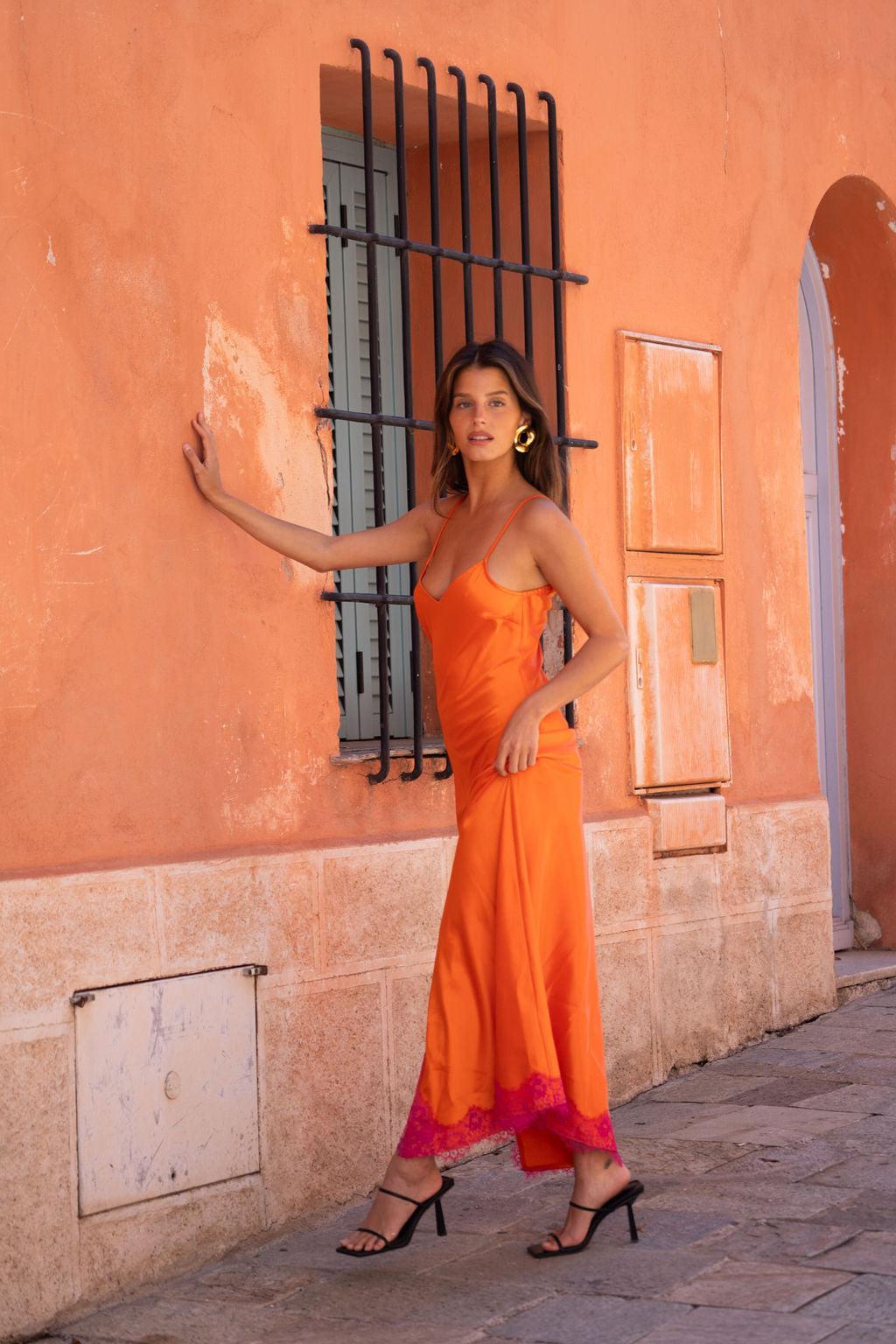 Gigi Orange Satin Maxi Dress Product Image