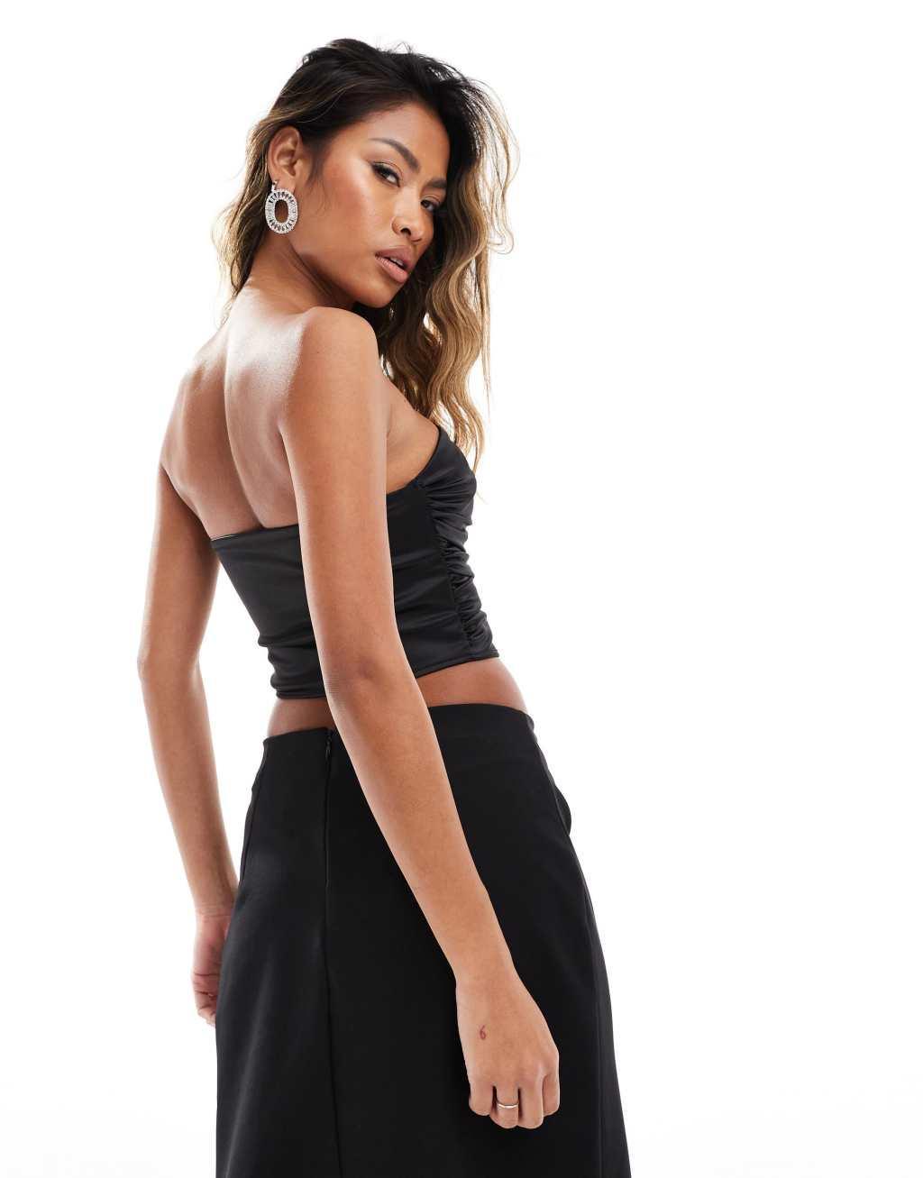 ASOS DESIGN stretch satin bandeau corset top with rose trim in black Product Image