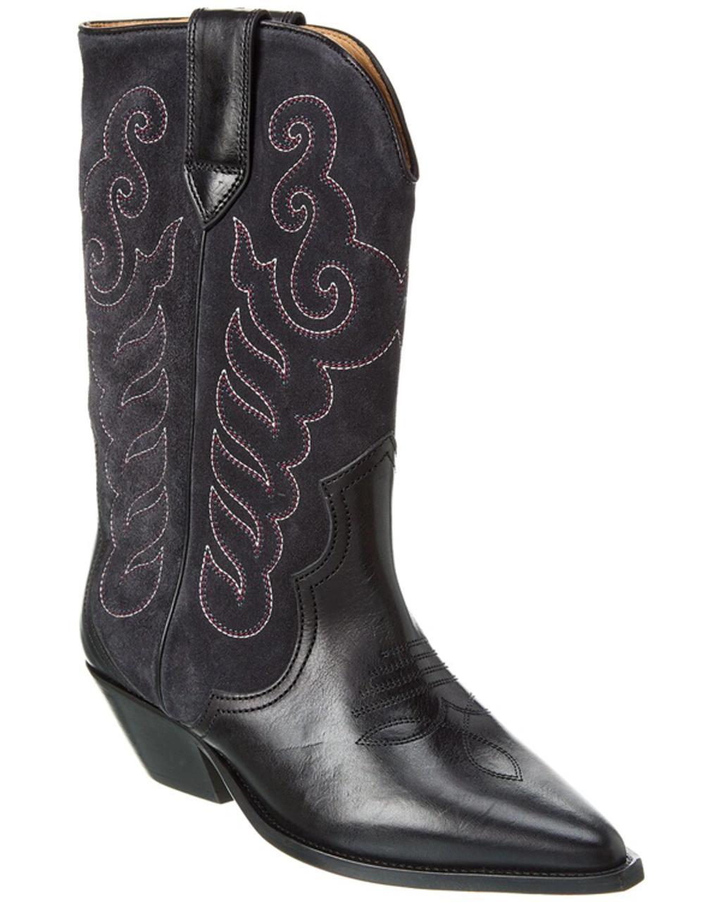 Bicolour Suede & Leather Boots With Western-inspired Embroidery In Black Product Image