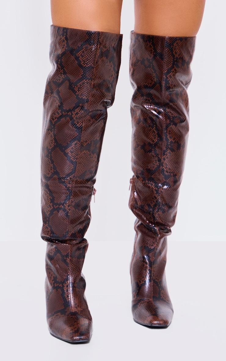 Snake PU Point Toe Over The Knee Heeled Boots Product Image