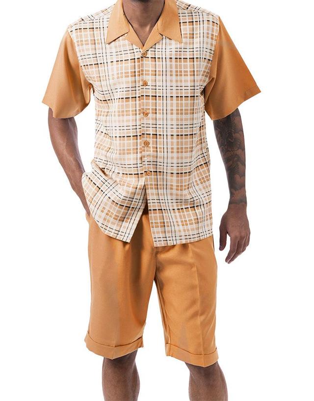 Cognac Plaid Walking Suit 2 Piece Short Sleeve Set with Shorts Product Image