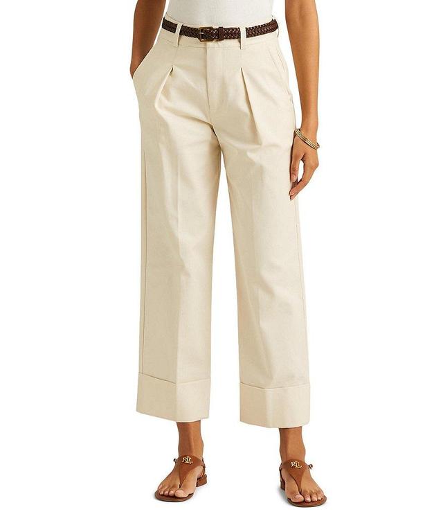 Lauren Ralph Lauren Petite Size Double Faced Stretch Cotton High Rise Wide Leg Pleat Front Roll Cuff Crop Pants Product Image