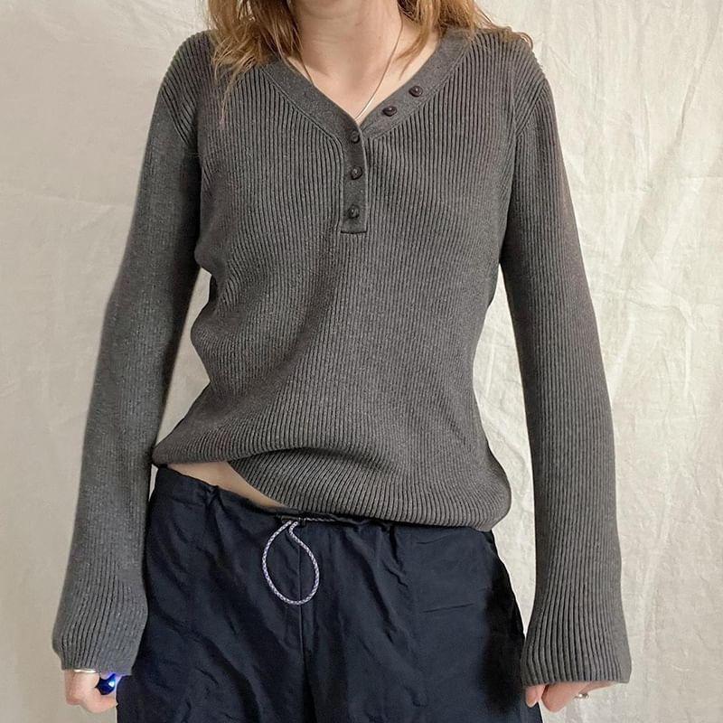 Long Sleeve V-Neck Half-Button Plain Loose-Fit Sweater Product Image