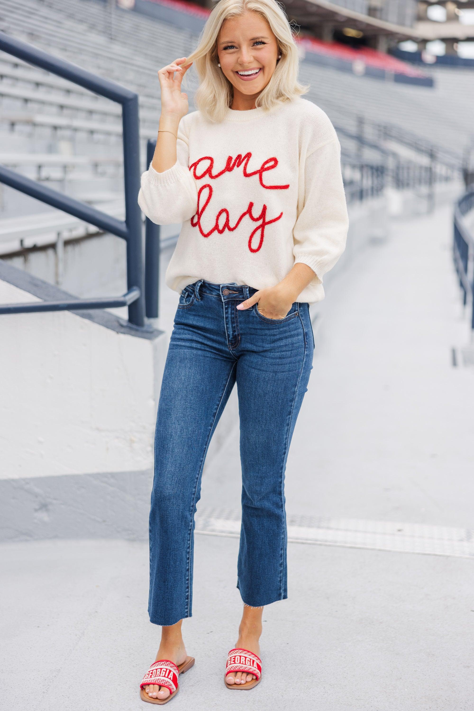 It's Game Day Ivory/Red Puff Sleeve Sweater Female Product Image