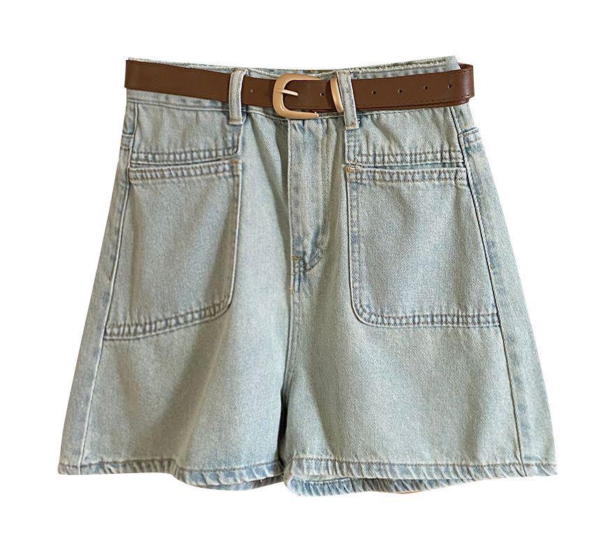 High-Waist Double-Pocket Denim Shorts Product Image