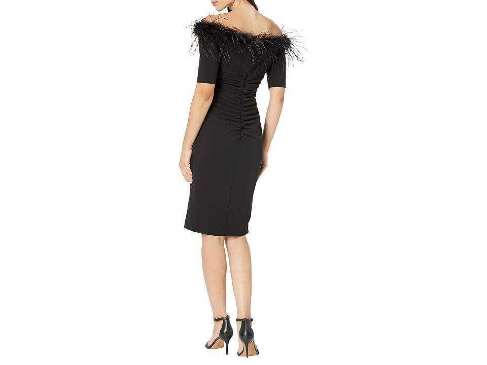 Xscape Evenings Feather Trim Off the Shoulder Scuba Sheath Dress Product Image