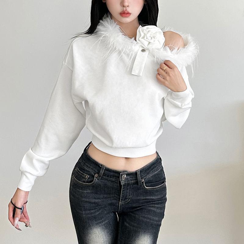 Long-Sleeve Off Shoulder Faux Fur Plain Crop Top Product Image