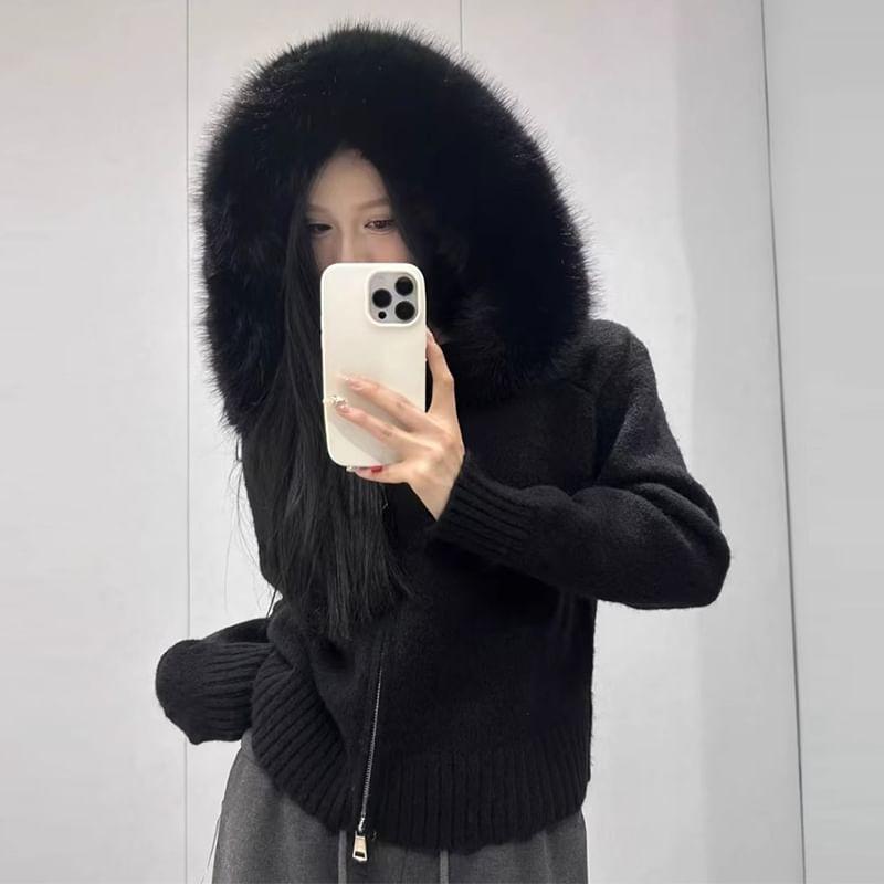 Faux Fur Trim Hooded Zip-Up Cardigan Product Image