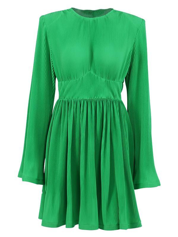 A-line Flared Sleeves High-Waisted Pleated Solid Color Zipper Round-neck Mini Dresses product image