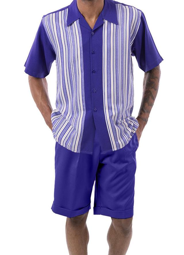 Purple Tone on Tone Stripes Walking Suit 2 Piece Short Sleeve Set with Shorts Product Image