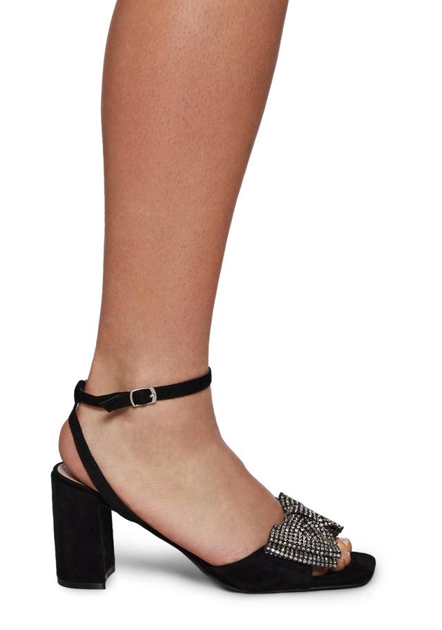 Public Desire Faux Suede Peep Toe Heels With Rhinestone Bows - Black Product Image