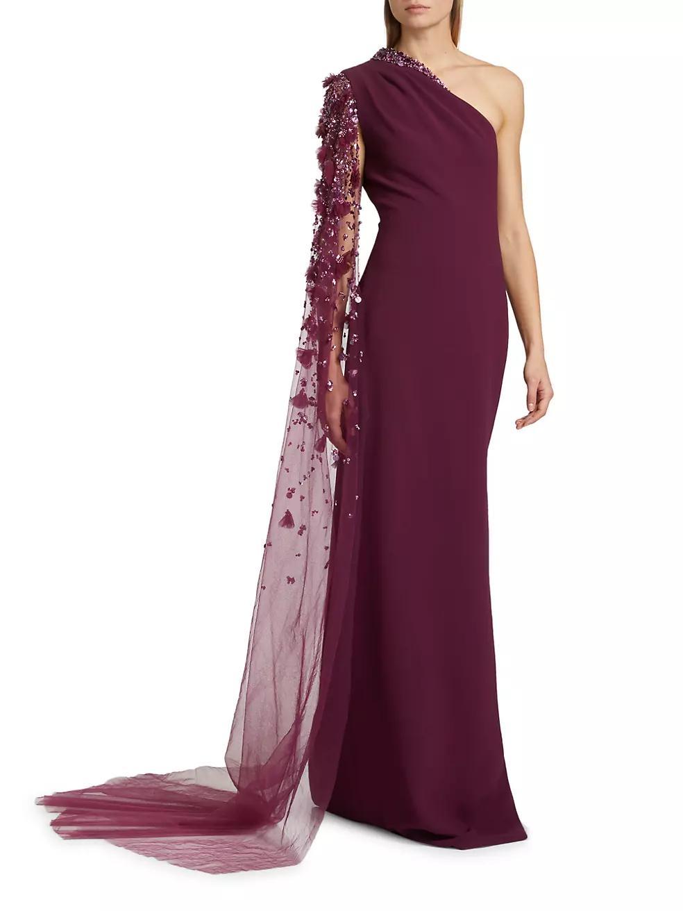 Embellished Cape-Sleeve One-Shoulder Gown Product Image