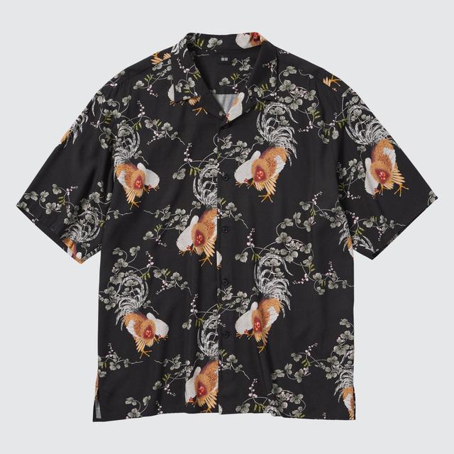 Mens Printed Open Collar Short-Sleeve Shirt (Ito-Jakuchu) Black XL UNIQLO US Product Image