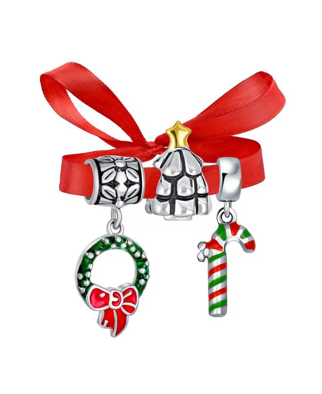 Bling Jewelry Christmas Tree Set of 3 Wreath Candy Cane Holiday Dangling Enamel Elf Charm Bead Women For Sterling Silver For European Bracelet - Product Image