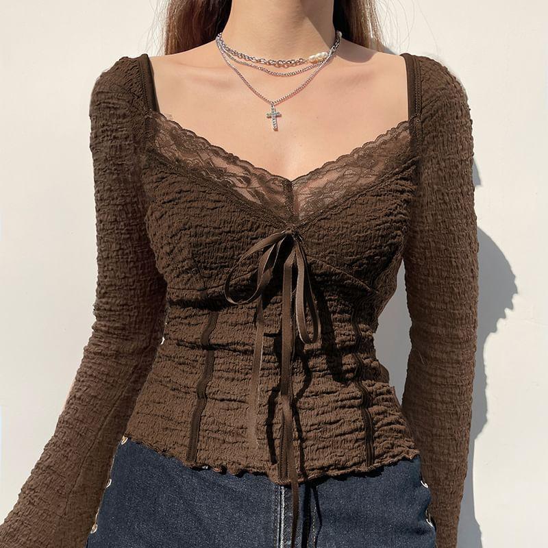 Long Sleeve V-Neck Plain Bow Panel Lace Top Product Image