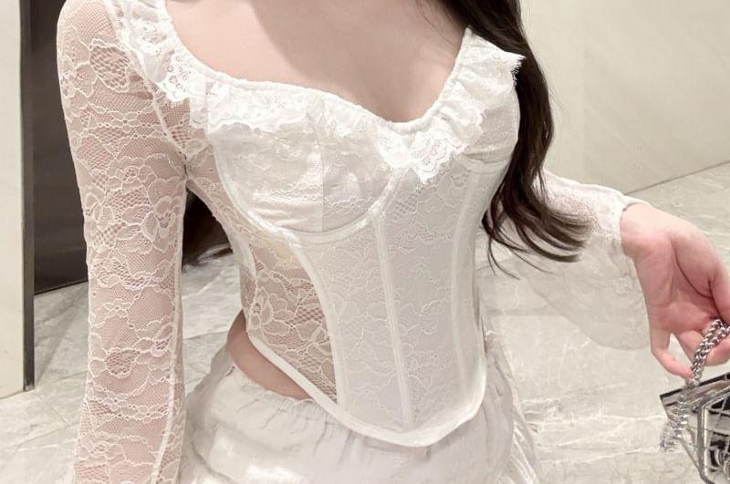 Long-Sleeve V-Neck Plain Lace Crop Corset Top Product Image