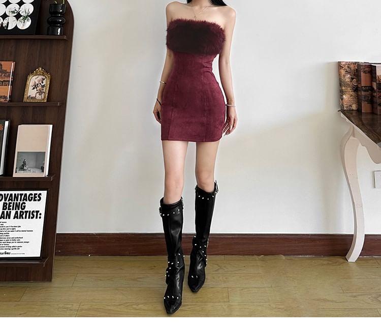 Off Shoulder Fleece Panel Plain Mini Bodycon Dress Product Image