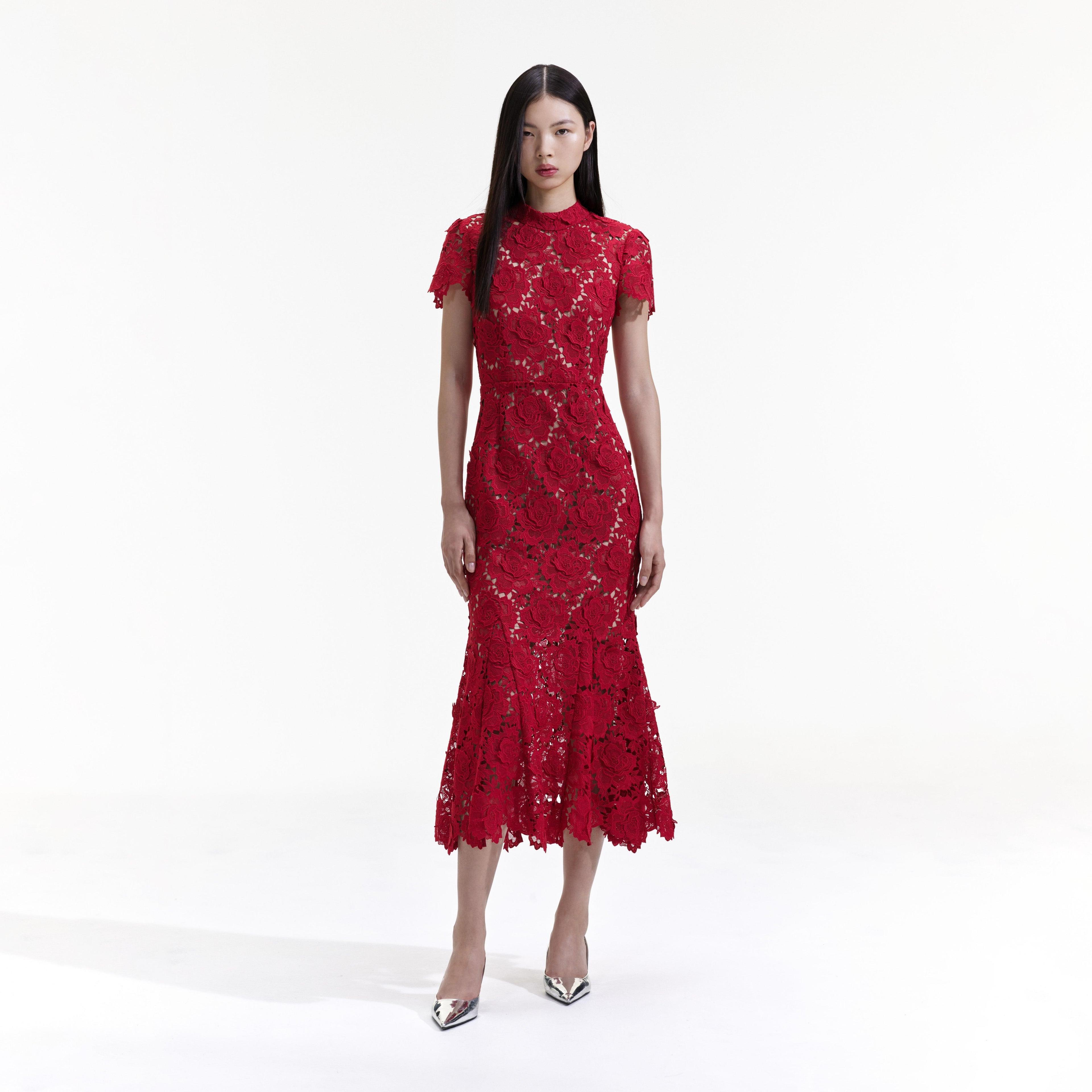 Red Flower Lace Midi Dress Product Image