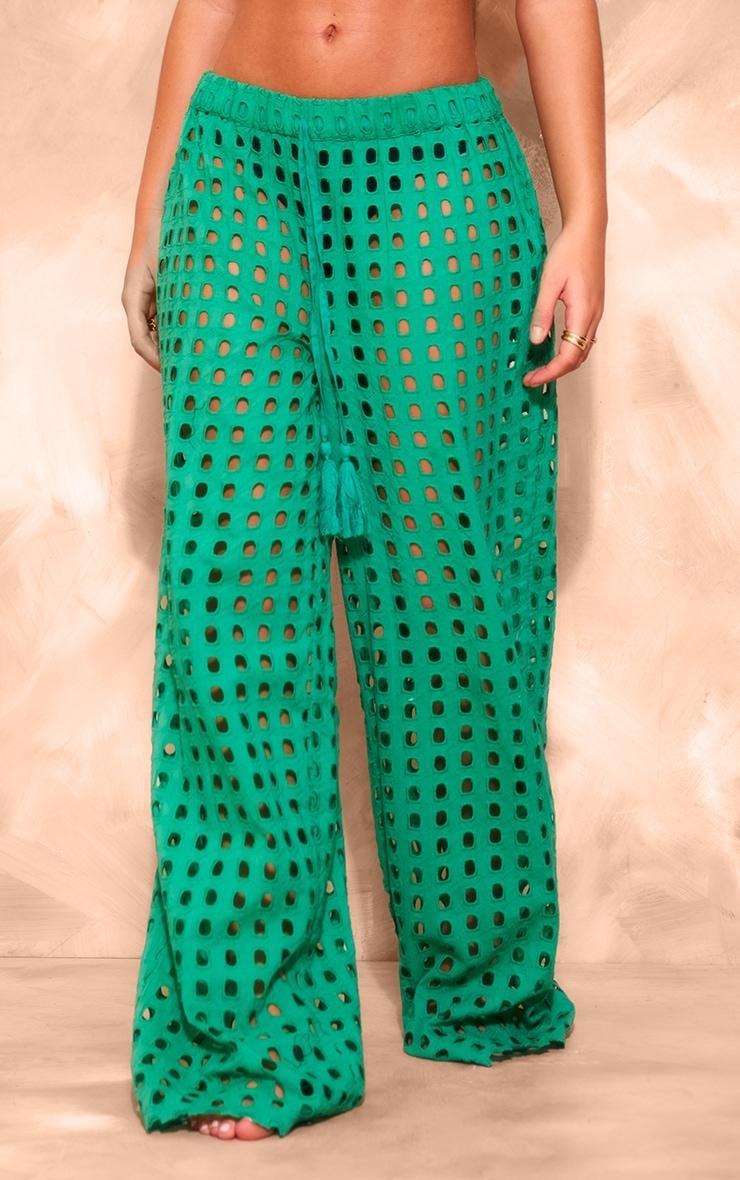 Green Broderie Cut Out Wide Leg Beach Pants Product Image