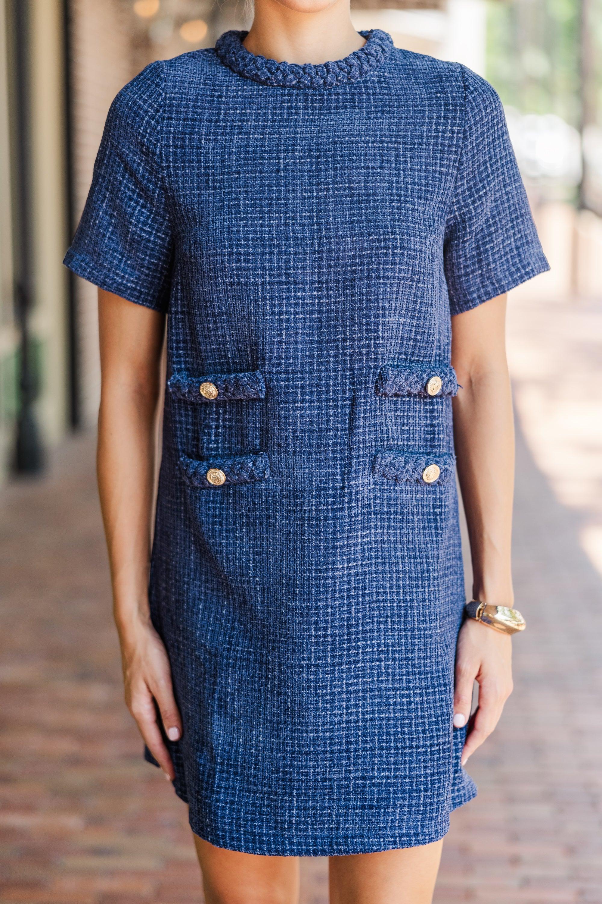 Ask You Out Navy Blue Tweed Shift Dress Female Product Image