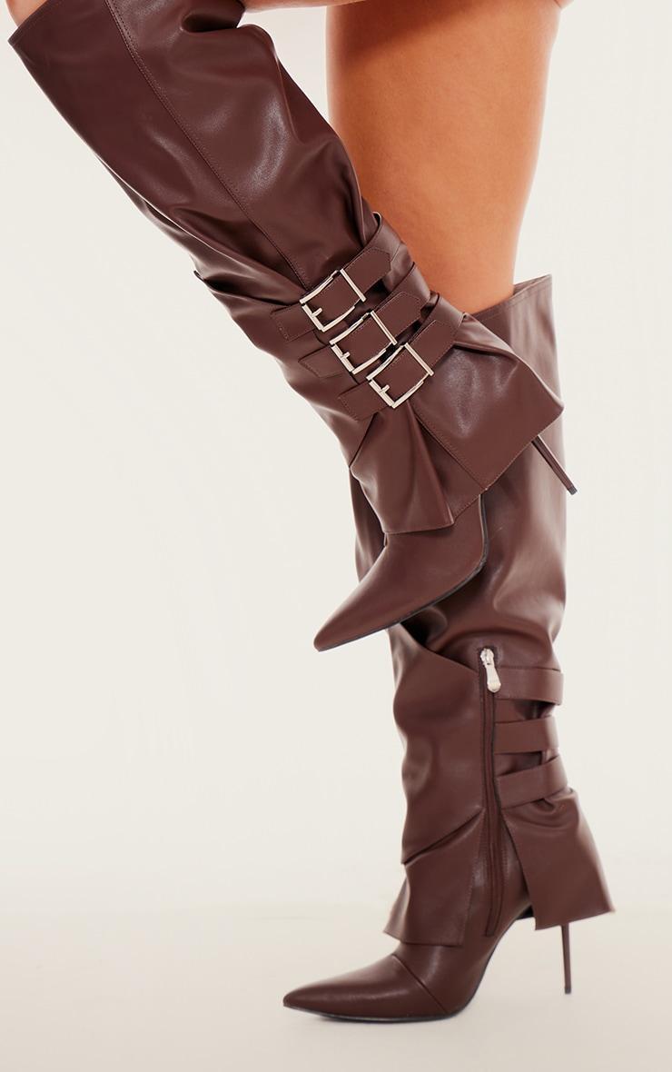 Chocolate PU Buckle Detail High Stiletto Heel Knee High Boots Product Image