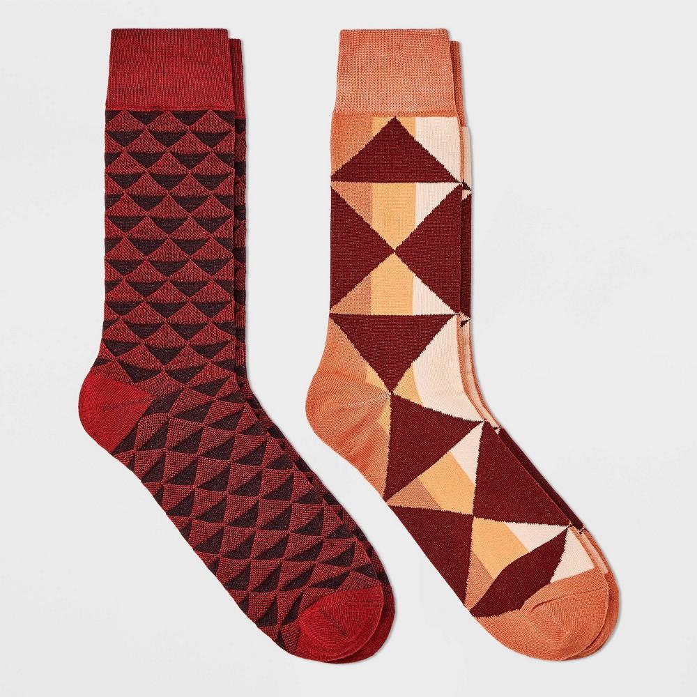 Mens Triangle Print Novelty Crew Socks 2pk - Goodfellow & Co Maroon/Orange 7-12 Product Image