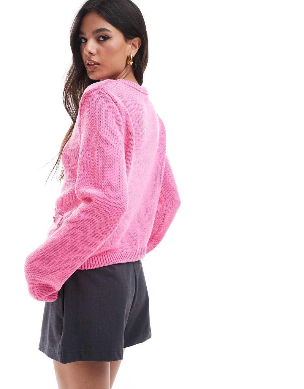 ASOS DESIGN crew neck cardigan with pocket detail in pink Product Image