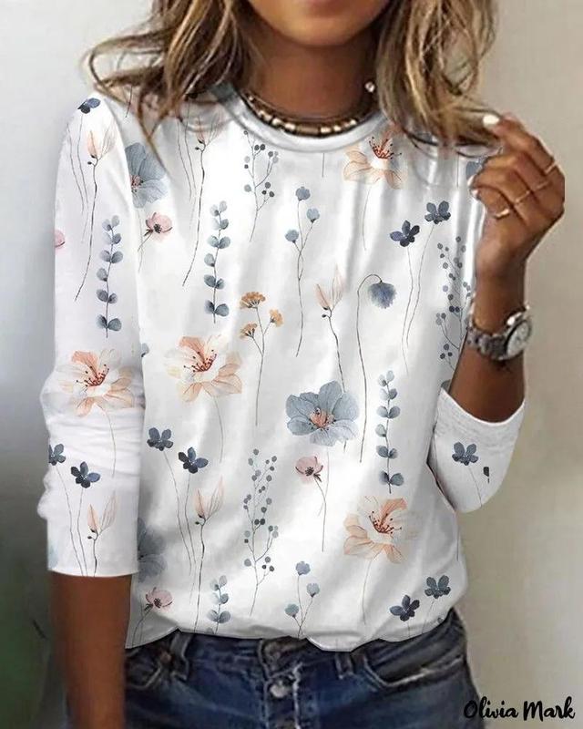 Olivia Mark – Floral Print Round Neck Blouse Product Image