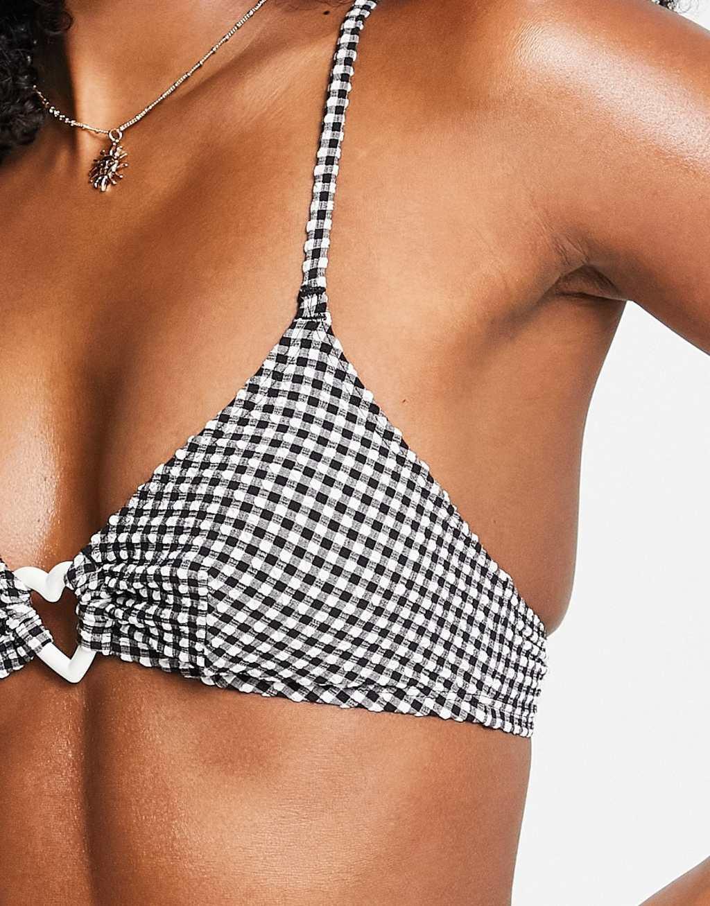 Monki polyester heart ring bikini top in black gingham - BLACK Product Image