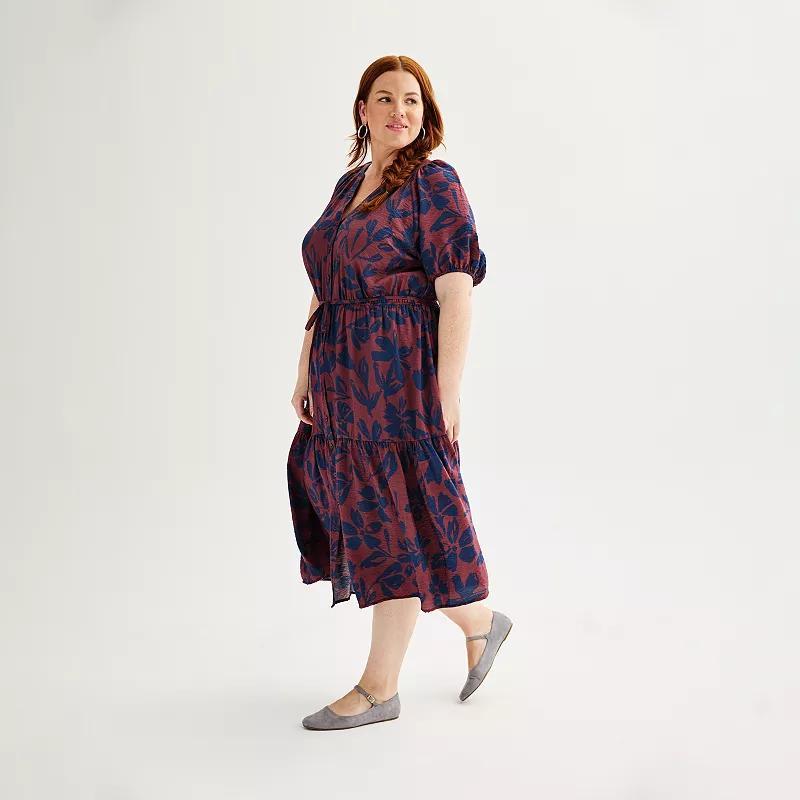 Plus Size Sonoma Goods For Life Puff Sleeve V-Neck Tiered Midi Dress, Womens Product Image