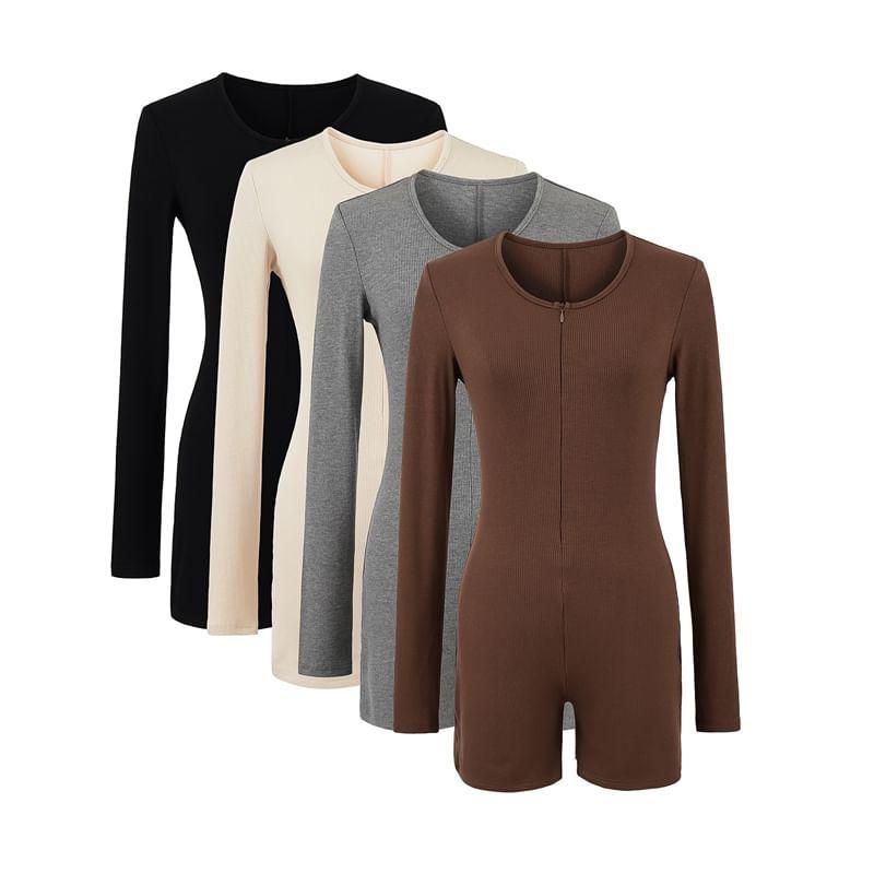 Long Sleeve Round Neck Plain Zip Romper Product Image