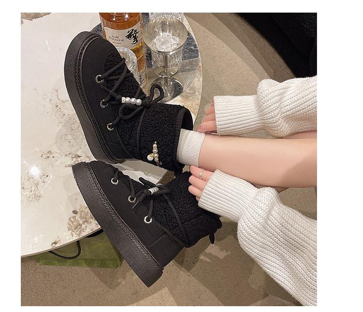 Fleece Panel Lace-Up Faux Pearl Platform Short Snow Boots Product Image